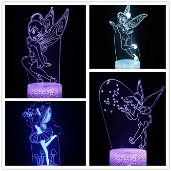 Мультфильм Диснея 3D Light Fairy Tinker Bell Акриловая 3D Иллюзионная Лампа Принцесса СВЕТОДИОДНЫЙ Ночник для Декора Спальни Настольная Лампа Подарки