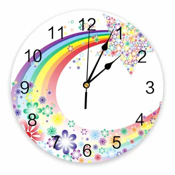 Мультяшные Радужные Звездные Цветочные декоративные Круглые настенные часы Дизайн с арабскими цифрами, Не тикающие Спальни Ванная комната Большие настенные часы