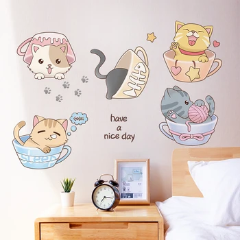 Мультяшные чашки, наклейки на стену, Креативные Кошки, животные, Настенный декор, наклейки для детской комнаты, Детской спальни, украшения для дома