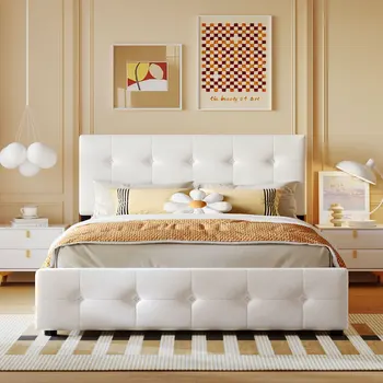 Мягкая кровать на платформе с классическим изголовьем и 4 выдвижными ящиками, пружинный блок не требуется, льняная ткань, размер Queen Size белого цвета