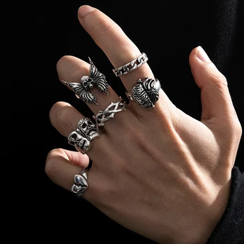 Набор из 6 предметов, преувеличенное винтажное уличное кольцо с черепом-скелетом, мужское кольцо в стиле готический панк-хип-хоп, модные украшения