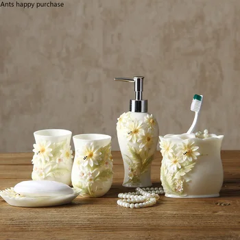 Набор керамических аксессуаров для ванной комнаты, набор из 5 предметов, туалетные принадлежности с пчелиным цветком, пара чашек для полоскания, бутылка для лосьона, держатель для зубной щетки