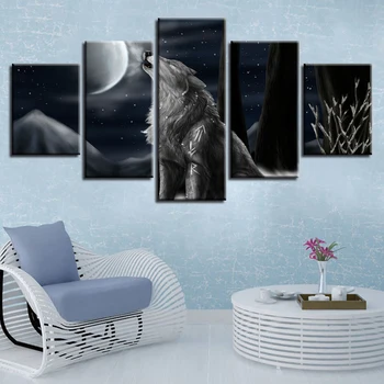 Настенный художественный плакат, Домашний декор, холст, Современная 5-панельная картина с видом на Луну и Волка, Ночная гостиная, HD Печать, картины, Модульная рамка