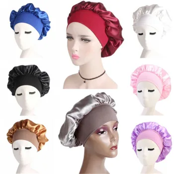 Новая женская шелковая атласная шапочка для ночного сна, шапочка для волос, головной убор, эластичные шапочки для душа с широкой регулировкой резинки для душа