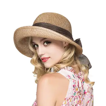Новая модная соломенная шляпа с бантом, Женские пляжные солнцезащитные кепки, Женская складная панама для бассейна, Женская Летняя Солнцезащитная панама