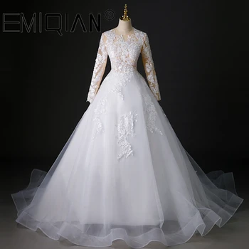 НОВОЕ белое кружевное свадебное платье для новобрачных с круглым вырезом и длинным РУКАВОМ, мусульманские свадебные платья со шлейфом