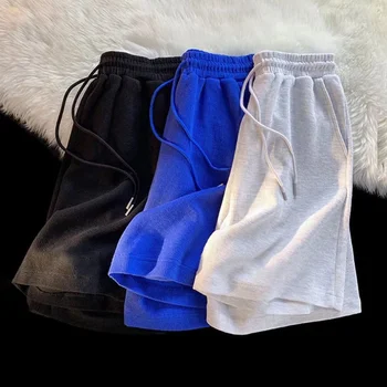 Новые мужские тонкие свободные прямые однотонные шорты, повседневные пляжные брюки