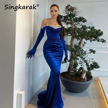 Новый дизайн Вечерних платьев Blue Mermaid в Дубае 2023, Бархат, Две перчатки, кристаллы, Роскошные Свадебные платья, платье знаменитости для выпускного вечера