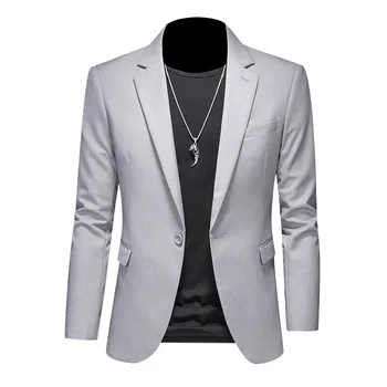 Новый мужской пиджак, деловой повседневный однотонный пиджак с двойным разрезом, одинарный топ для костюма
