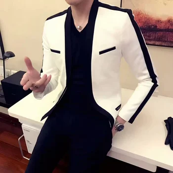Новый пиджак Корейская версия Мужской Приталенный белый Универсальный маленький костюм с контрастным цветом Свадебного платья