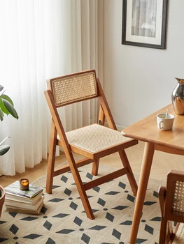 Обеденные стулья Винтажный Складной стул из массива дерева, мебель из ротанга, Кресло для кафе, Стул для балкона, Стул для домашнего отдыха со спинкой