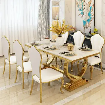 Обеденный стол и стулья, Изящная Золотая подставка из нержавеющей стали, украшение для дома, Спеченный камень, Европейский стильный Прямоугольный кухонный стол