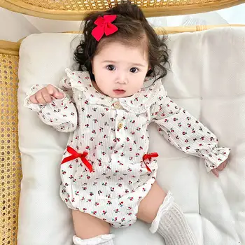 Одежда для маленьких девочек с вишневым принтом от 0 до 3 лет, комбинезон для новорожденных, Элегантный Милый Комбинезон с длинными рукавами, наряд принцессы для новорожденных