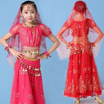 Одежда для танца живота для девочек, Болливудские костюмы для индийского танца живота для детей, 4 шт., детская одежда для танца живота, Восточный танец для сцены