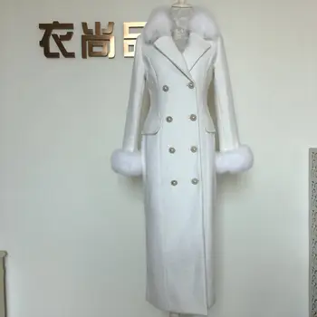 Осенне-зимнее модное женское шерстяное пальто с имитацией большого лисьего мехового воротника, белое кашемировое пальто, женское двубортное тонкое пальто