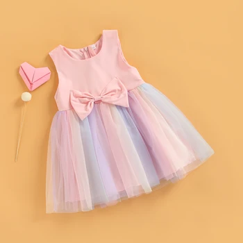 От 1 до 5 лет для маленьких девочек Платье принцессы без рукавов с бантом, Радужное сетчатое платье-пачка из тюля, платье для летней вечеринки, праздничное платье