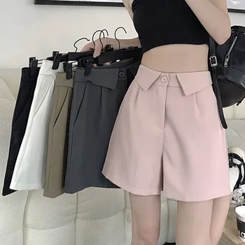 Офисные Женские Однотонные шорты Для женщин, летние Свободные Короткие брюки Y2k, Элегантные Корейские модные Шорты с высокой талией
