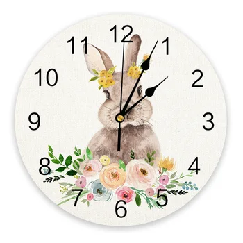 Пасхальные Акварельные настенные часы с кроликом и цветком, Бесшумные цифровые часы для украшения дома, спальни, кухни, гостиной