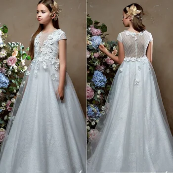 Платье принцессы для девочек в цветочек, аппликации из бисера, потрясающее милое платье для первого причастия для девочек, белое