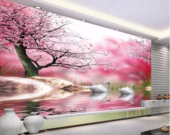 Пользовательские фото 3d обои для комнаты из нетканого материала и шелка романтическое цветущее вишневое дерево лебединое озеро 3d настенные фрески обои для стен 3 d