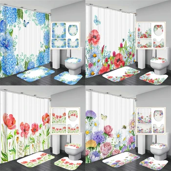 Простой стиль, цветы и растения, 3d занавеска для душа, занавески для ванной, ковер на подставке, крышка унитаза, Нескользящий коврик, набор ковриков для ванной