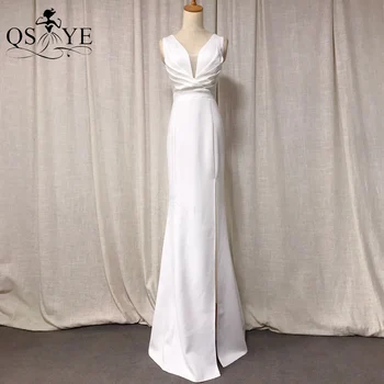 Простые белые свадебные платья с открытым V-образным вырезом, эластичное атласное свадебное платье с рюшами, сексуальное свадебное платье без рукавов