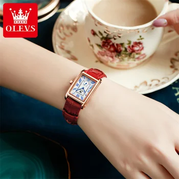Прямоугольные женские часы из розового золота OLEVS Изысканные женские наручные часы Модные женские кварцевые часы Relogio Feminino из красной кожи
