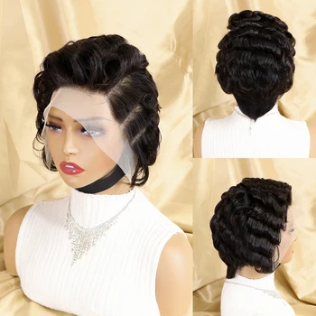 Пушистый упругий кудрявый парик из человеческих волос с челкой, бразильский парик Remy Funmi Curly Short Bob для женщин, парик на шнурке спереди 13X4