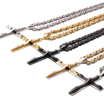 Пять цветов на выбор Ожерелье с крестом Иисуса Христа Мужчины Женщины Серебро Золото Черный Цвет Нержавеющая сталь 6 мм Византийская цепочка кулон