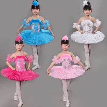 Разноцветное детское балетное платье для танцев, костюм Лебедя для девочек, детский балетный танцевальный костюм с перьями, Сценическое профессиональное балетное платье-пачка 89