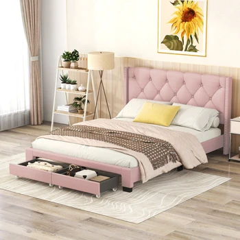 Розовая кровать-платформа для хранения постельного белья размера 