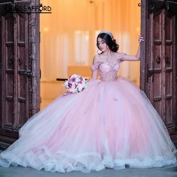 Розовое бальное платье с открытыми плечами, пышное платье для девочек, расшитое бисером, платья для дня рождения, аппликации, платья для выпускного вечера