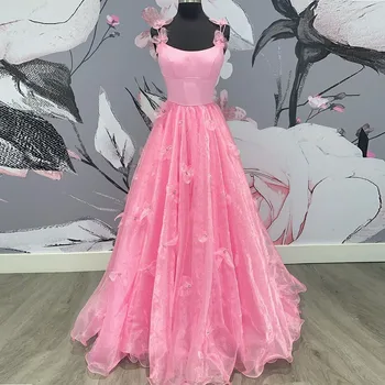 Розовое праздничное платье трапециевидной формы из органзы с круглым вырезом и бретельками, расшитое бисером, вечерние платья для официальных вечеринок