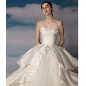 Роскошные свадебные платья из атласа и тюля без бретелек, без рукавов, с 3D цветочной аппликацией, на шнуровке сзади, бальное платье Robe De Mariée