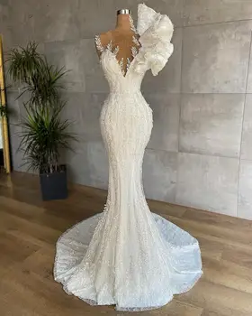 Роскошные Свадебные платья Русалки для невесты с кружевным бисером vestidos de novia Civil С прозрачным вырезом и шлейфом