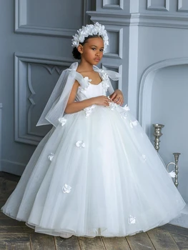 Свадебные платья без рукавов с белым бантом для девочек-цветочниц, Элегантные аппликации из тюля, платье для первого причастия, детское вечернее платье 2022