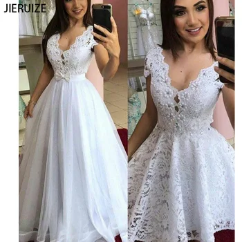 Свадебные платья со съемным шлейфом из белого кружева JIERUIZE, бальное платье, съемная юбка, рукава-колпачки 2 в 1, свадебные платья Vestido De Novia