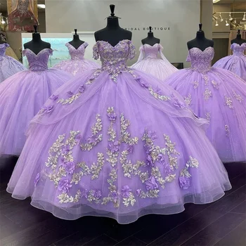 Светло-фиолетовые кружевные пышные платья, бальное платье с 3D цветами, Милое платье принцессы 15-16 лет, vestidos de 15 años anos