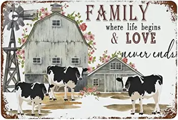 Семья, где начинается жизнь И Любовь Никогда не кончается Жестяная Вывеска, Животные на ферме, Жестяная Вывеска для коров на ферме Винтажный Металлический паб-клуб