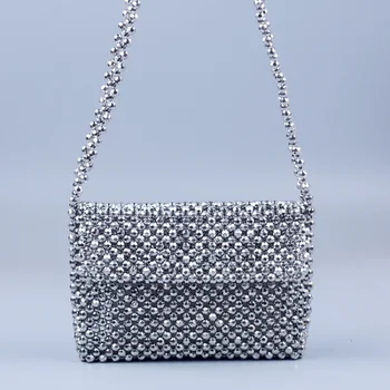 Серебряные сумки с кристаллами, женская модная простая сумка через плечо в стиле ретро, женские сумки через плечо ручной работы из бисера, новинка 2023 года сумка из бусин