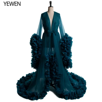 Серо-голубые вечерние платья с оборками, V-образный вырез, длинные рукава, сексуальное платье для беременных из тюля для фотосъемки 2020, вечернее платье с бантом YeWen