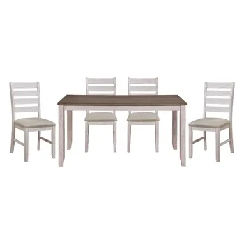 Серовато-белая и коричневая отделка Повседневная мебель для столовой Обеденный набор из 5 предметов Прямоугольный деревянный стол и 4 боковых стула Тканью вверх