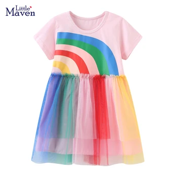 Сетчатое платье Little maven для девочек, детская одежда с радужным принтом, шорты для девочек, платья с рукавами, летняя одежда для маленьких девочек