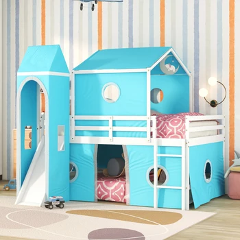 Синяя полноразмерная двухъярусная кровать с выдвижной синей палаткой и башней, простая в сборке, для мебели для спальни в помещении