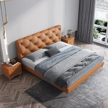 Современная двуспальная кожаная кровать 1,8 метра в главной спальне для маленькой семьи, легкая роскошь, минимализм