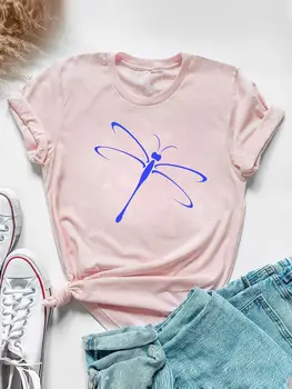 Стрекоза Тренд, милая футболка с графическим принтом, повседневная одежда, Летний женский топ с коротким рукавом, модная футболка, женская футболка
