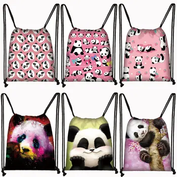 Сумки на шнурке с изображением Кавайной панды, Женский повседневный рюкзак, холщовые дорожные сумки для хранения, рюкзак для девочек, сумка для книг, держатель для женской обуви, подарок