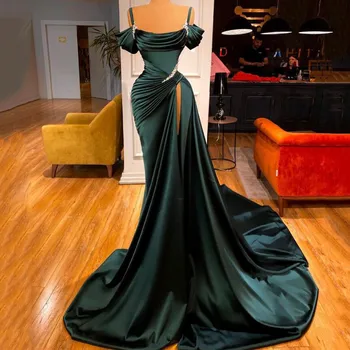 Темно-зеленое атласное платье Русалки для выпускного вечера с открытыми плечами Вечерние платья с разрезом Дубай Арабская вечеринка для женщин Индивидуальные размеры