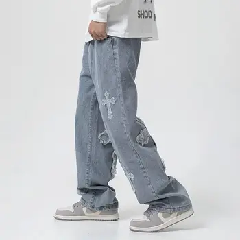 Уличная одежда Мужские джинсы с широкими штанинами в стиле хип-хоп, мешковатые Корейские модные свободные прямые мужские джинсовые брюки