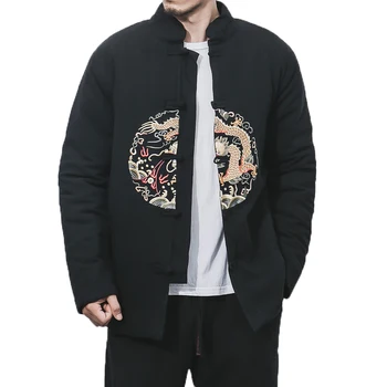 Утепленная черная повседневная зимняя куртка в традиционном китайском стиле, мужские куртки и пальто, мужская одежда с вышивкой дракона, пальто